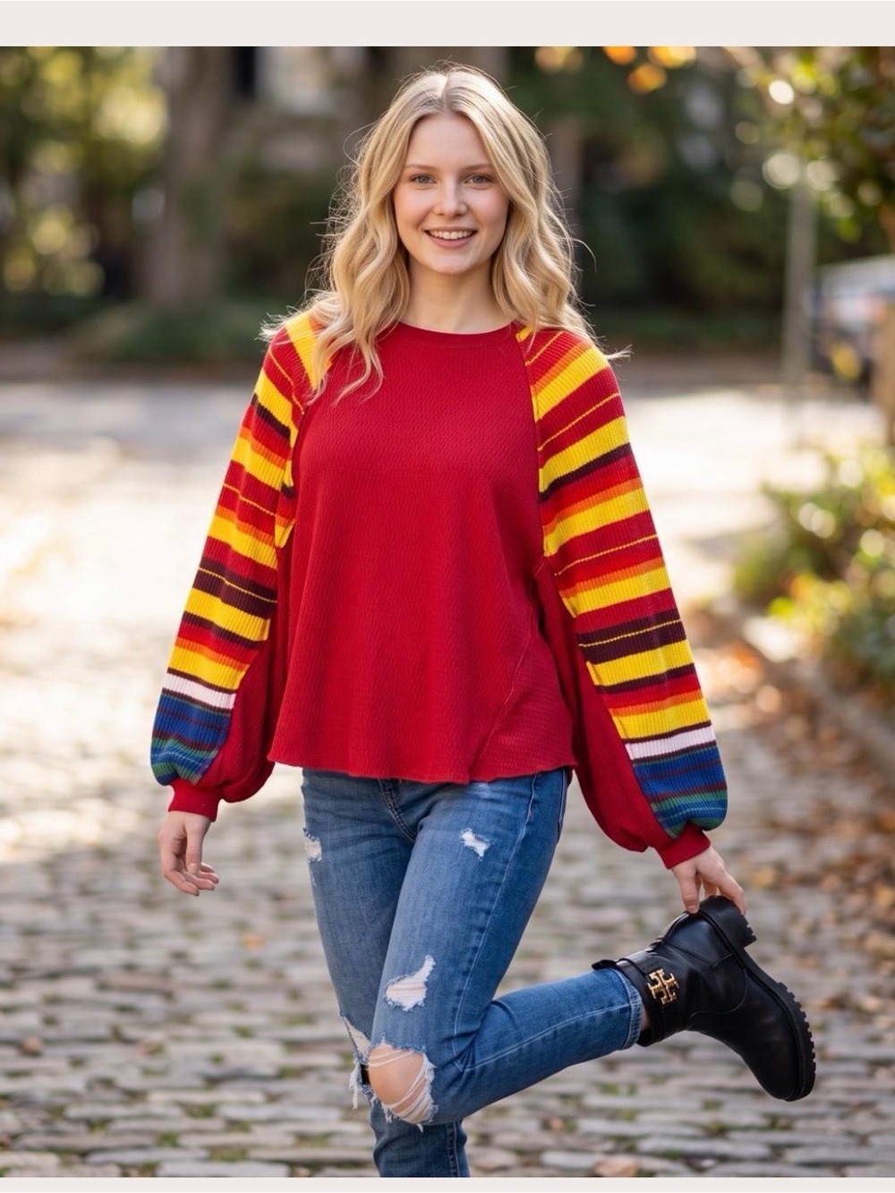 Free People Rainbow Dreams Red Striped Balloon Sleeve Waffle Shirt Oversized XS